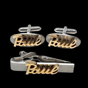 Vintage Swank “Paul” Name Cufflinks & Tie Clip Set Silver Gold Tone 1960s